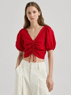 NWOT Pixie Market Red Linen Siam Balloon Sleeve Crop Top